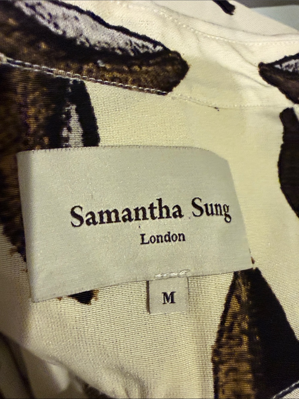 E SAMANTHA SUNG Women’s M Cream Midi Shirt Dress with Black and Brown Leaf Print - Picture 4 of 4